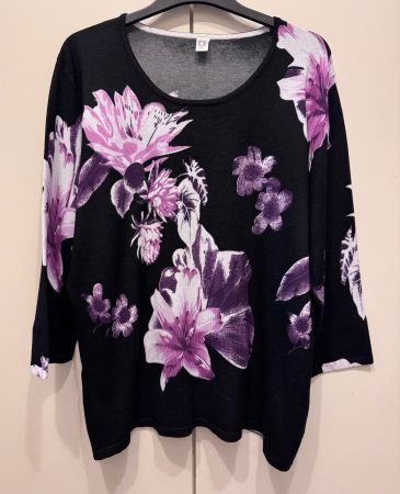 Pull femme à motif floral, couleur noir/violet, taille 42