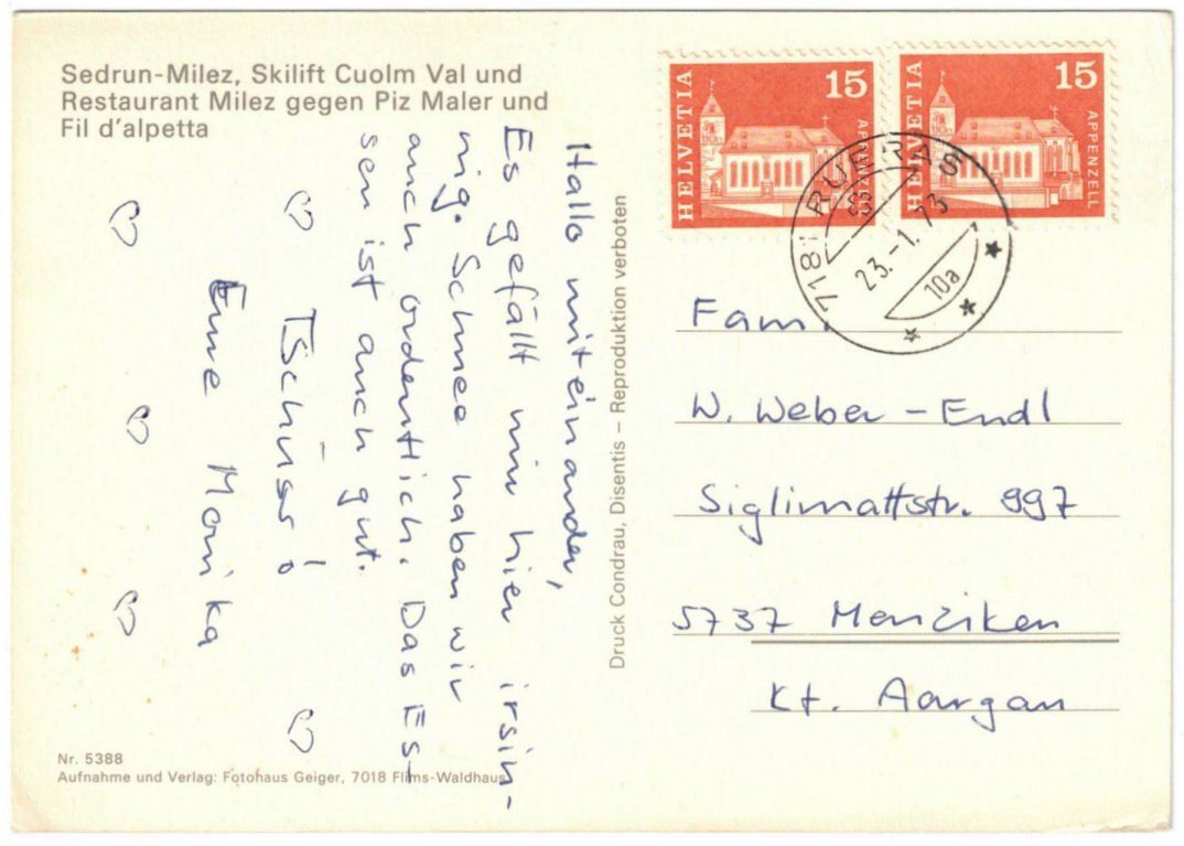 Cartoline postali: Dieni - Skilift Cuolm--Val + Milez – Usato da Binningen venduto da Mountainrider 1