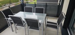 Moderner Gartentisch mit 6 Stühlen, Alu/Glas