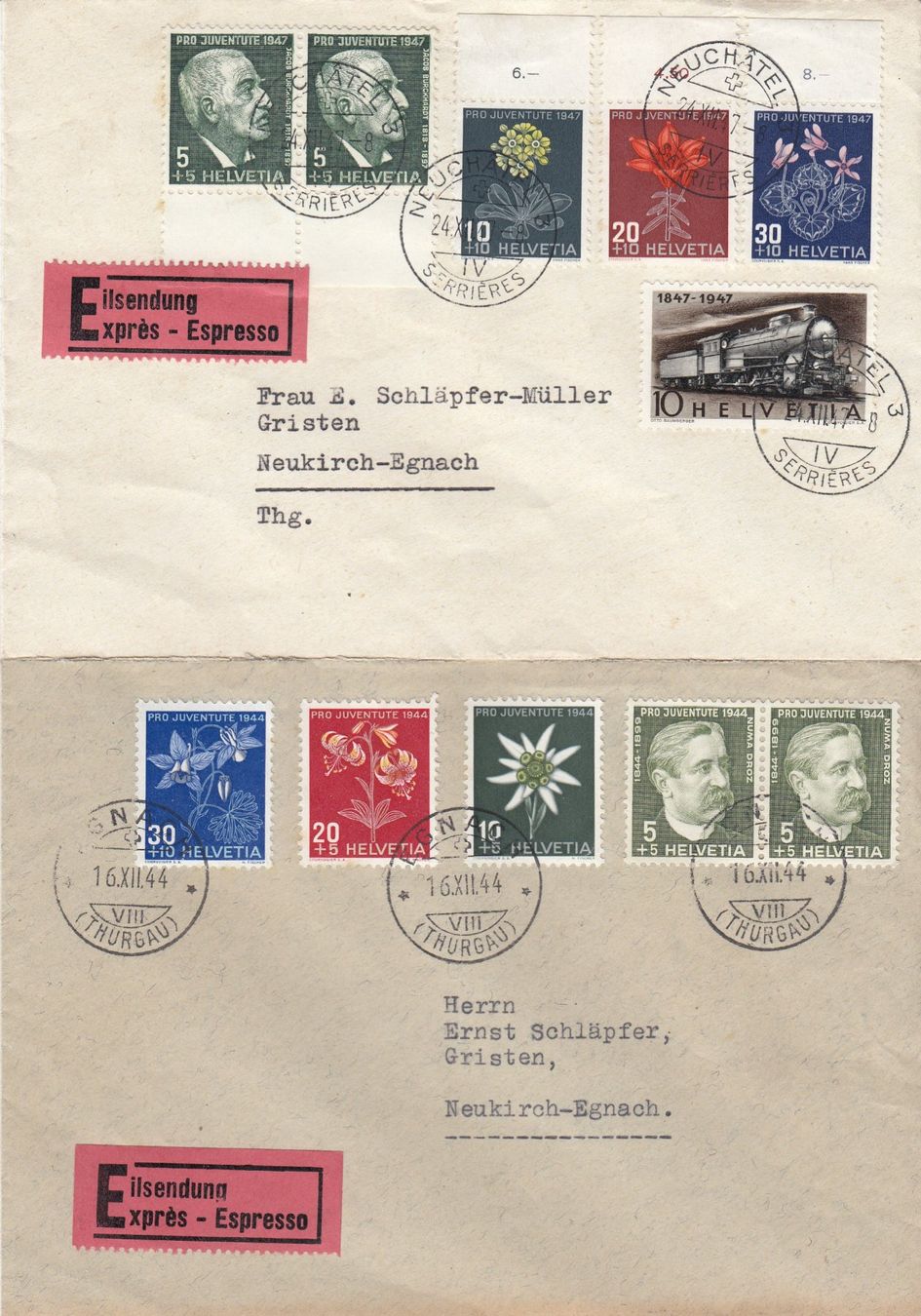 Tutti i francobolli: 1944/47, 2 Satzbriefe Pro Juventute als Eilsendungen – Usato da Rheinfelden venduto da ricci62