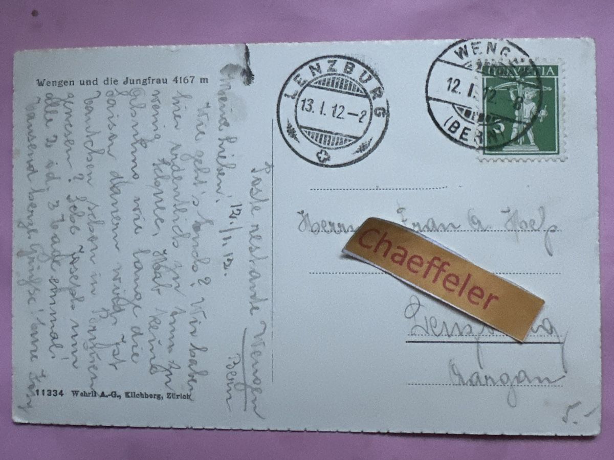 Cartoline postali: 1912 Wengen und die Jungfrau. – Usato da Zürich venduto da Chaeffeler 1