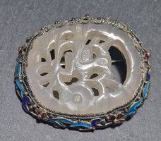 Antike China-Brosche um 1910 - Jade handgeschnitzt & Silber