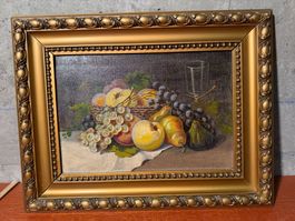 Oil painting still life fruit with gold frame good condition