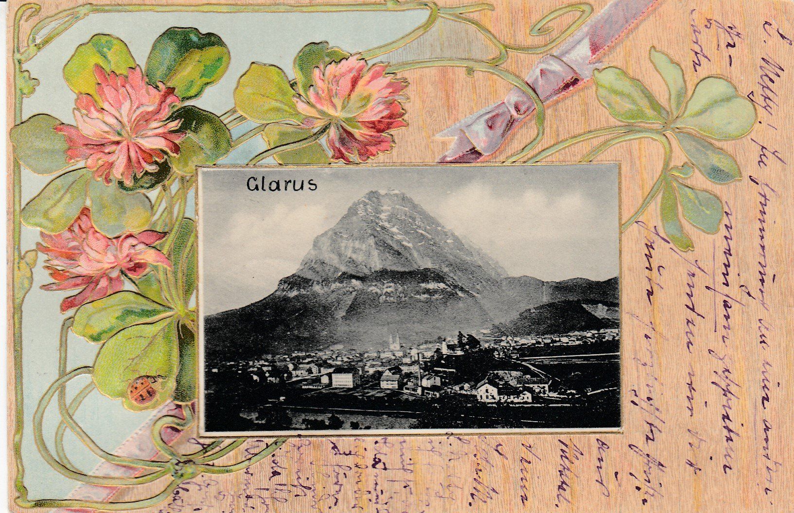 Cartoline postali: 1901 Ansichtskarte Glarus mit Blumen Relief Muster nach Zuoz – Usato da Rheinfelden venduto da ricci62