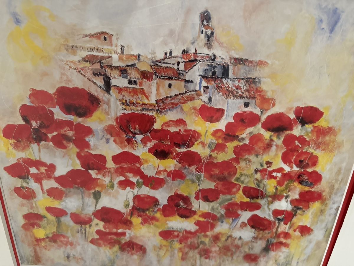 Dipinti: Impressionistisches Gemälde, Mohnblumen und Dorf, signiert – Nuovo e nell'imballaggio originale da Trimbach venduto da SonnenheimStans 1