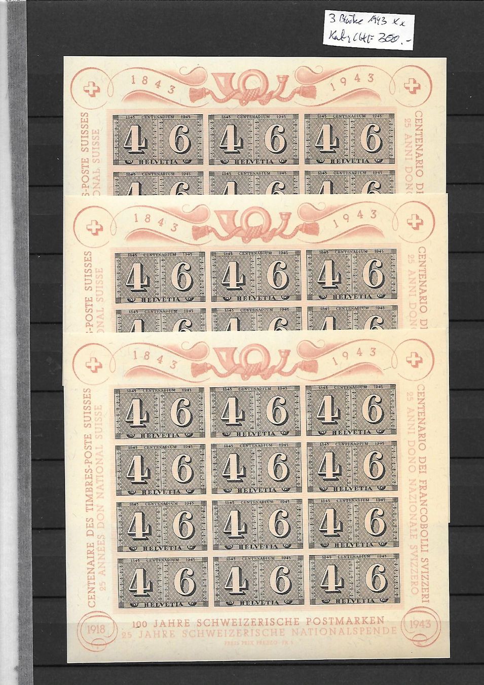 Tutti i francobolli: 3 Blöcke 1943 ** Kat: CHF 300.- – Nuovo (secondo la descrizione) da Basel venduto da Ilp