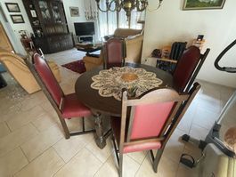 Esstisch alter Stil Eiche dunkelbraun mit 6 Stühlen + Lampe