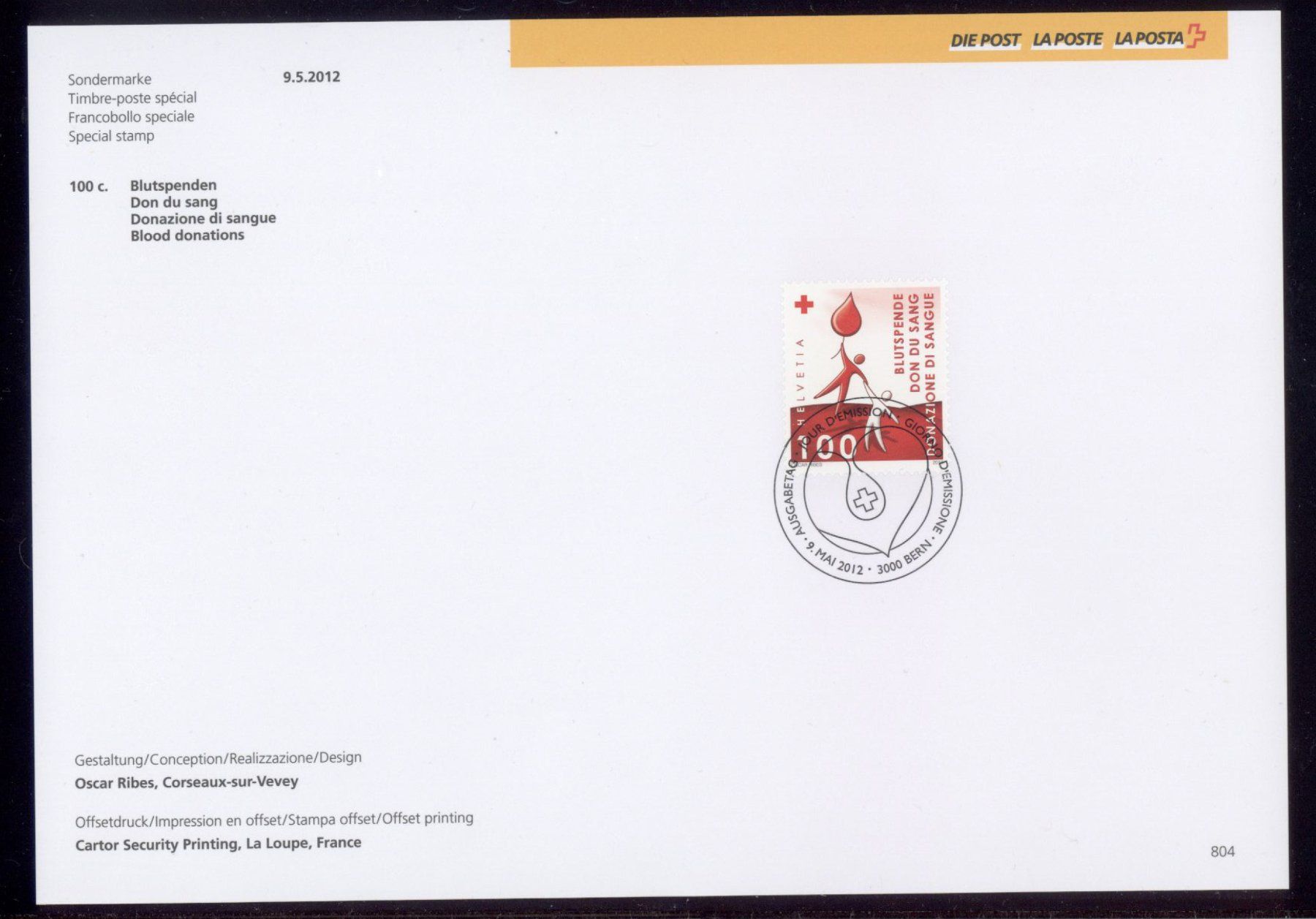 Tutti i francobolli: 2012, Sammelblatt, Blutspenden Nr. 804 – Usato da Willisau venduto da Vollstempel