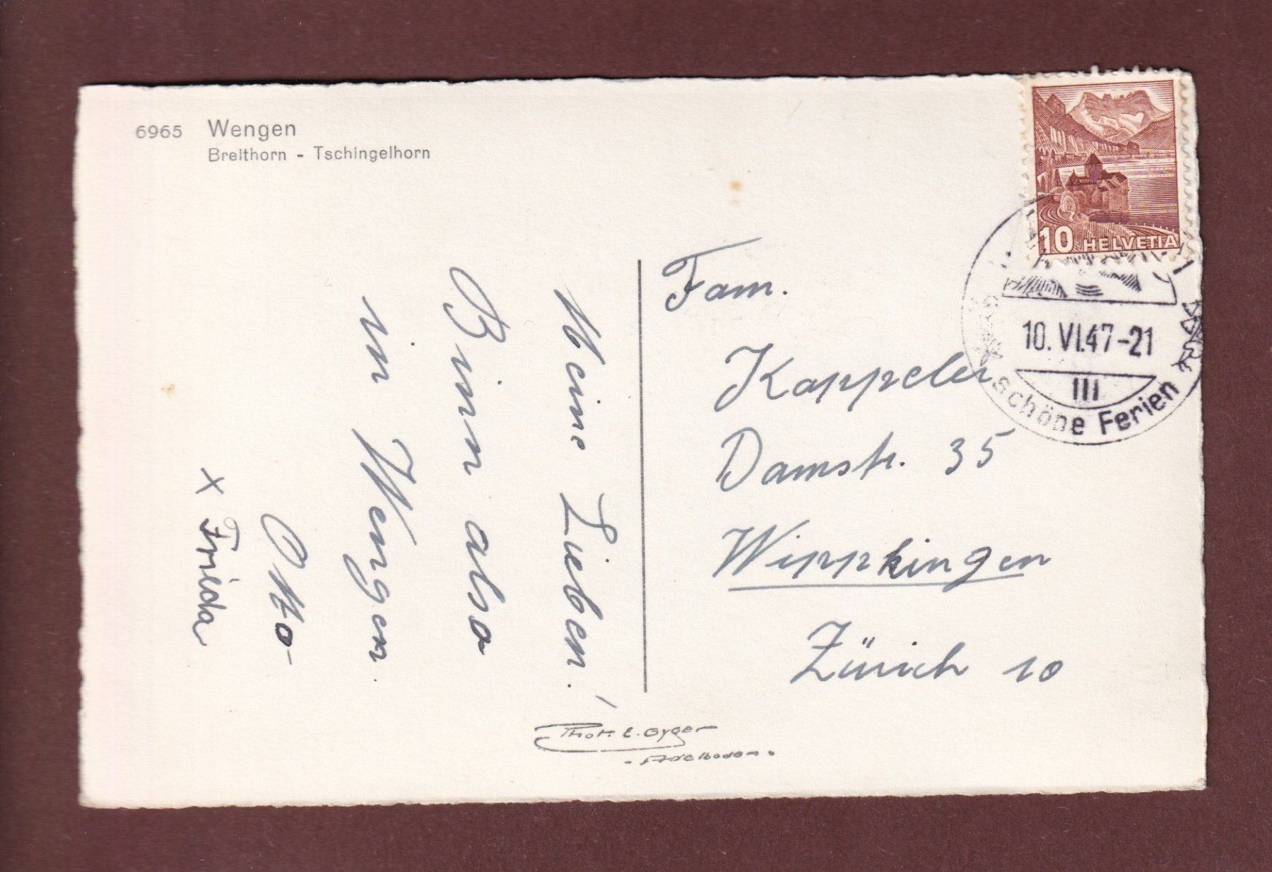 Cartoline postali: WENGEN - Breithorn - Tschingelhorn - 1947 – Usato da Pully venduto da nicecards-shop 1