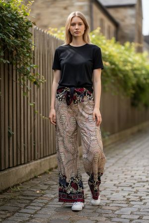 Pantalon ample à motifs fleuris & graphiques - taille unique