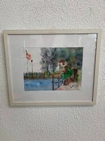 Vintage Aquarell Landschaftsbild «Bad Uttwil» im Rahmen 1990