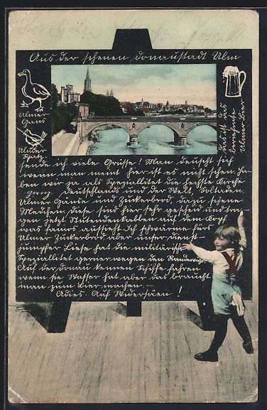 Cartoline postali: Schultafel-AK Ulm / Donau, Totalansicht  – Usato da Berlin venduto da bartko-reher