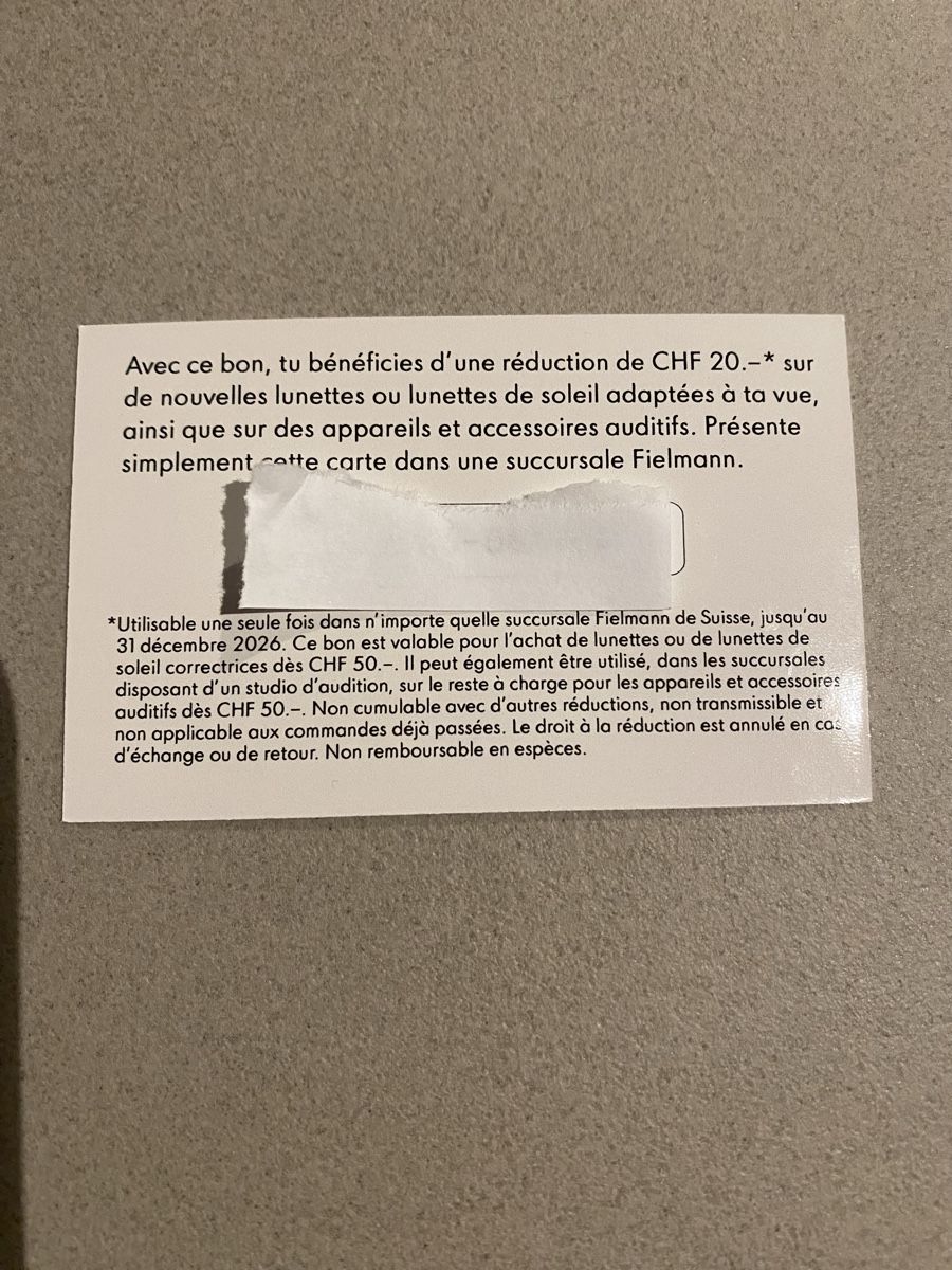 Buoni: Fielmann valeur 20 CHF  – Nuovo e nell'imballaggio originale da Chamoson venduto da Pince26 1