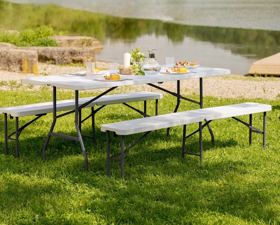 Campingtisch Klappbar 25kg Fixkraft Camping-Garnitur Klappbar Weiß – 3-teiliges Set Mit Tisch & Bänken