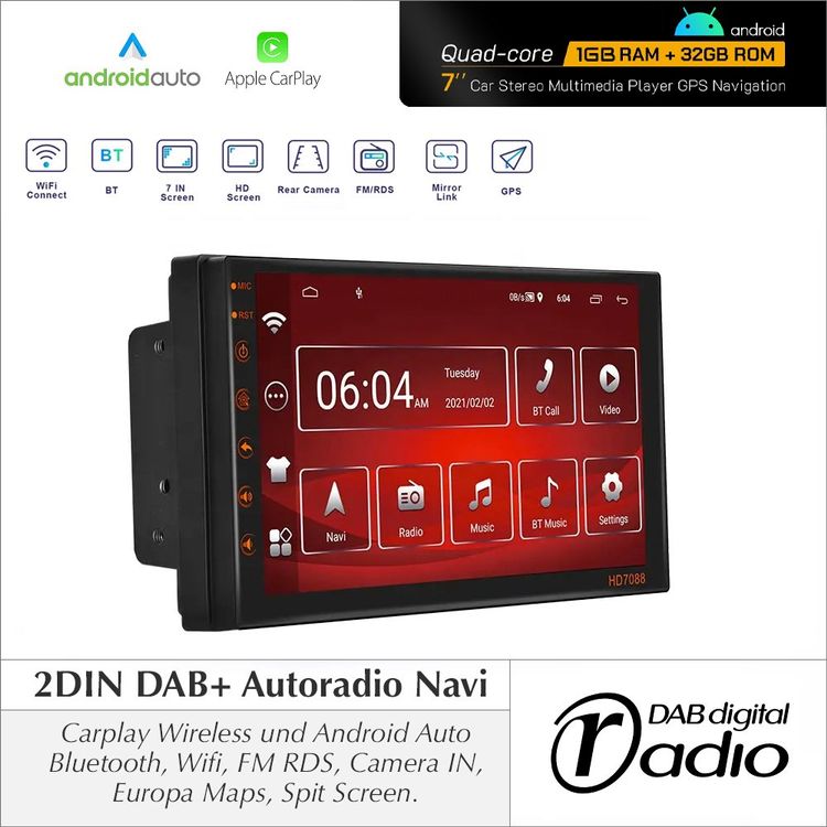 2 DIN DAB+ Autoradio Carplay 32GB 1GB Android 13