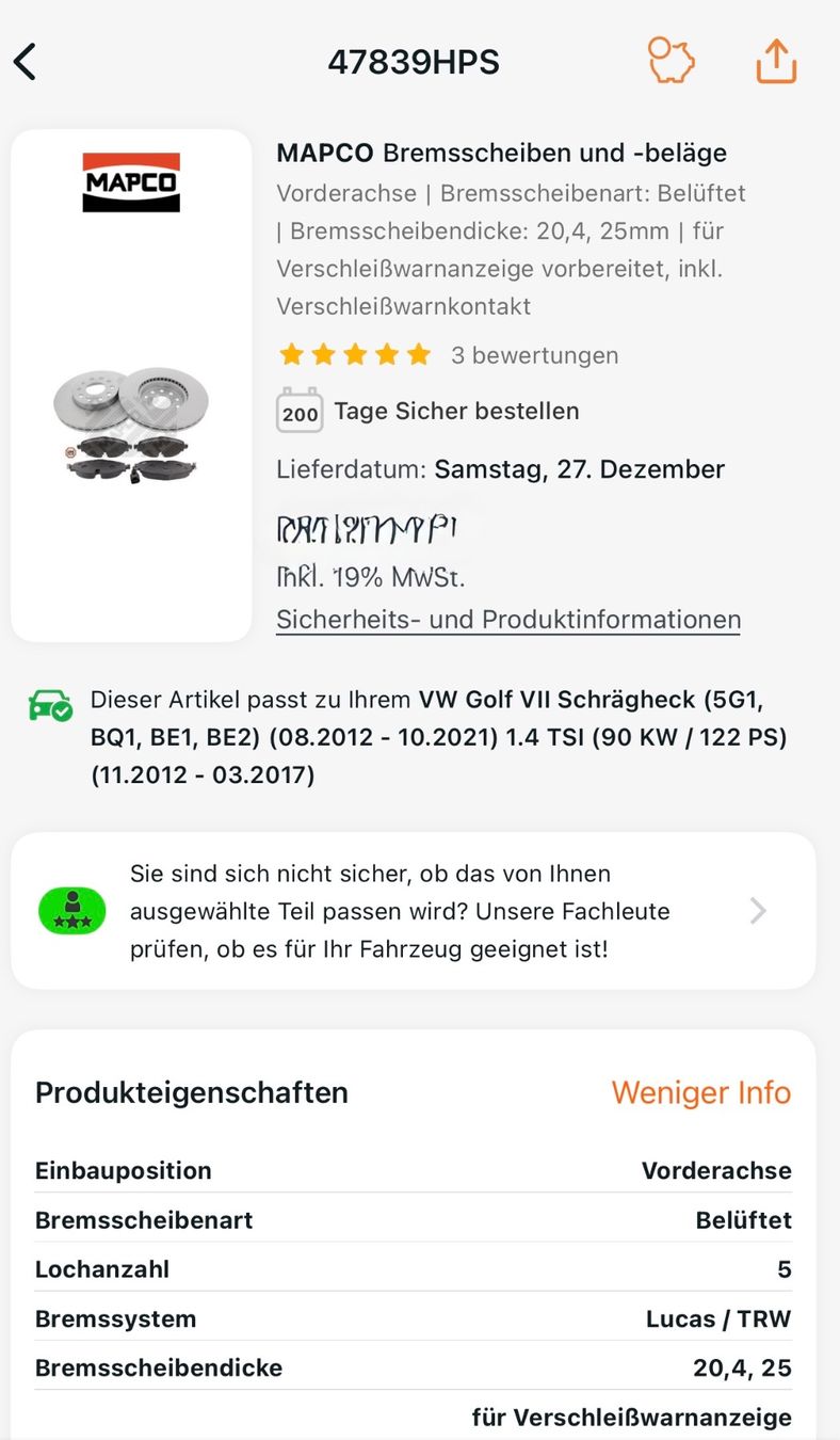 Volkswagen Tutti pezzi di ricambio auto: VW Golf 7 Vordere Bremssatz – Nuovo e nell'imballaggio originale da Rothrist venduto da -Galli-07 1