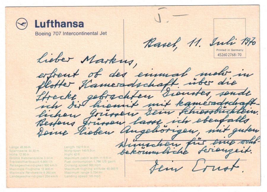 Cartoline postali: Boeing 707 Intercontinental Jet Lufthansa, datiert 1970 – Usato da Frauenfeld venduto da POML 1