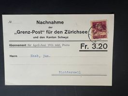 1924 Nachnahme Grenz-Post für den Zürichsee   (V447)