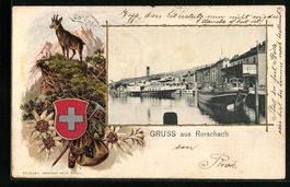 AK Rorschach, Hafen mit Dampfern, 1904