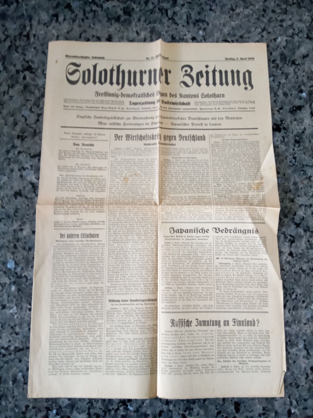 Riviste & Magazine: Solothurner Zeitung 5. April. 1940 – Usato da Hägendorf venduto da Yahuhu01 1