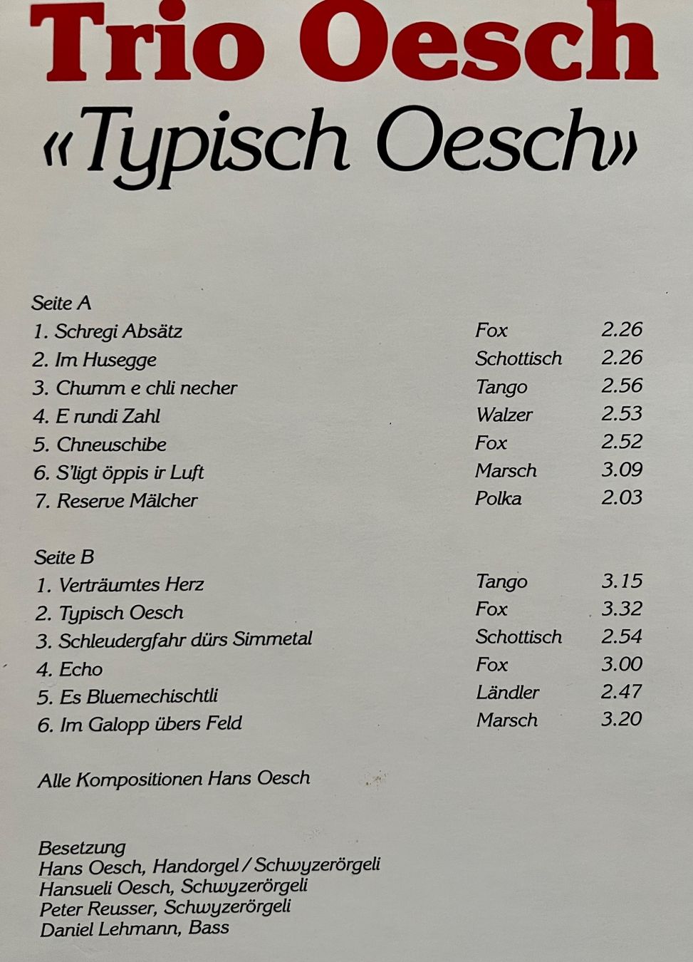 Dischi in vinile: TRIO OESCH "TYPISCH OESCH" - LP GEWASCHEN – Usato da Unterseen venduto da vinylmore 1
