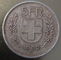 Schweizer 5 Franken Münze Jahrgang 1932 gebraucht