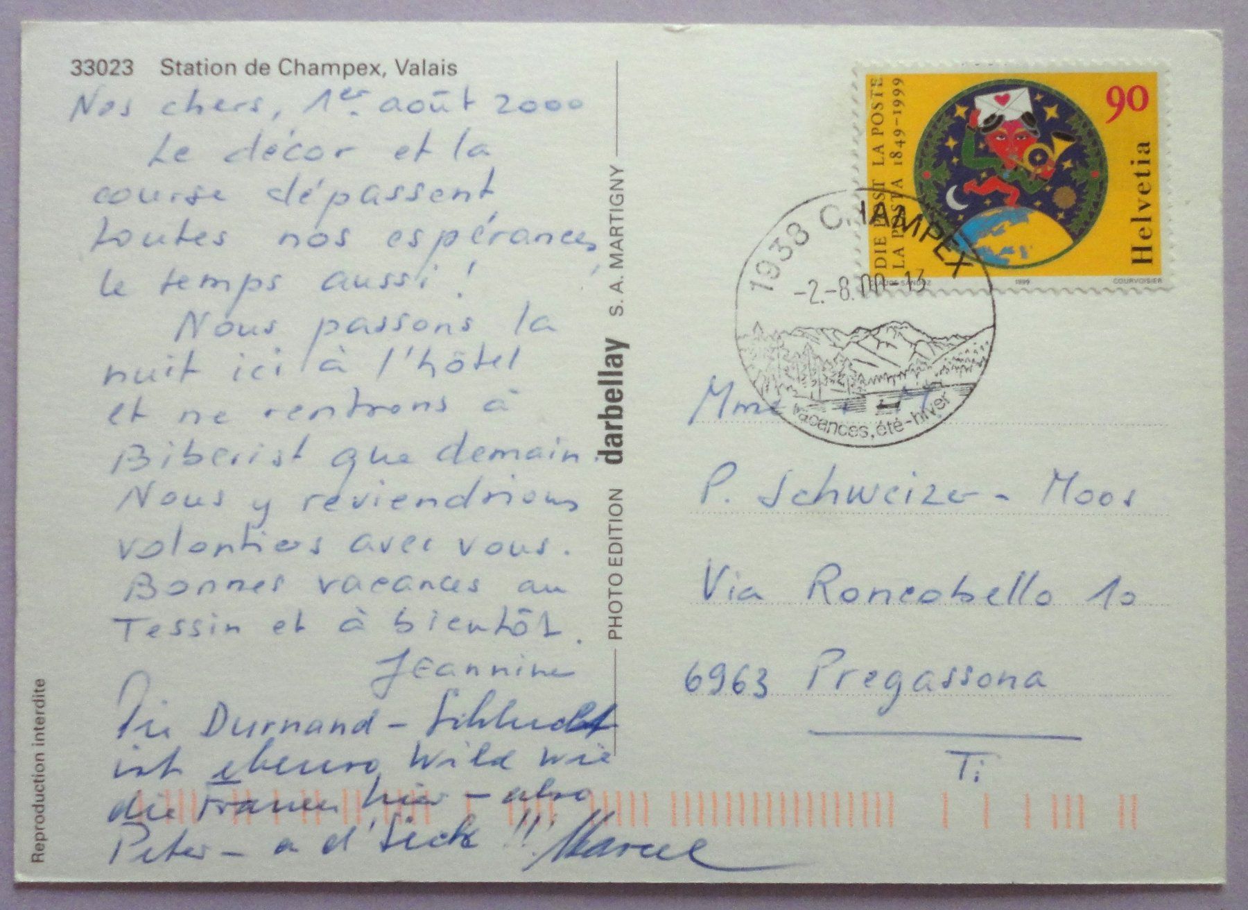 Cartoline postali: Champex-Lac – Usato da Fétigny venduto da Billy2miny 1
