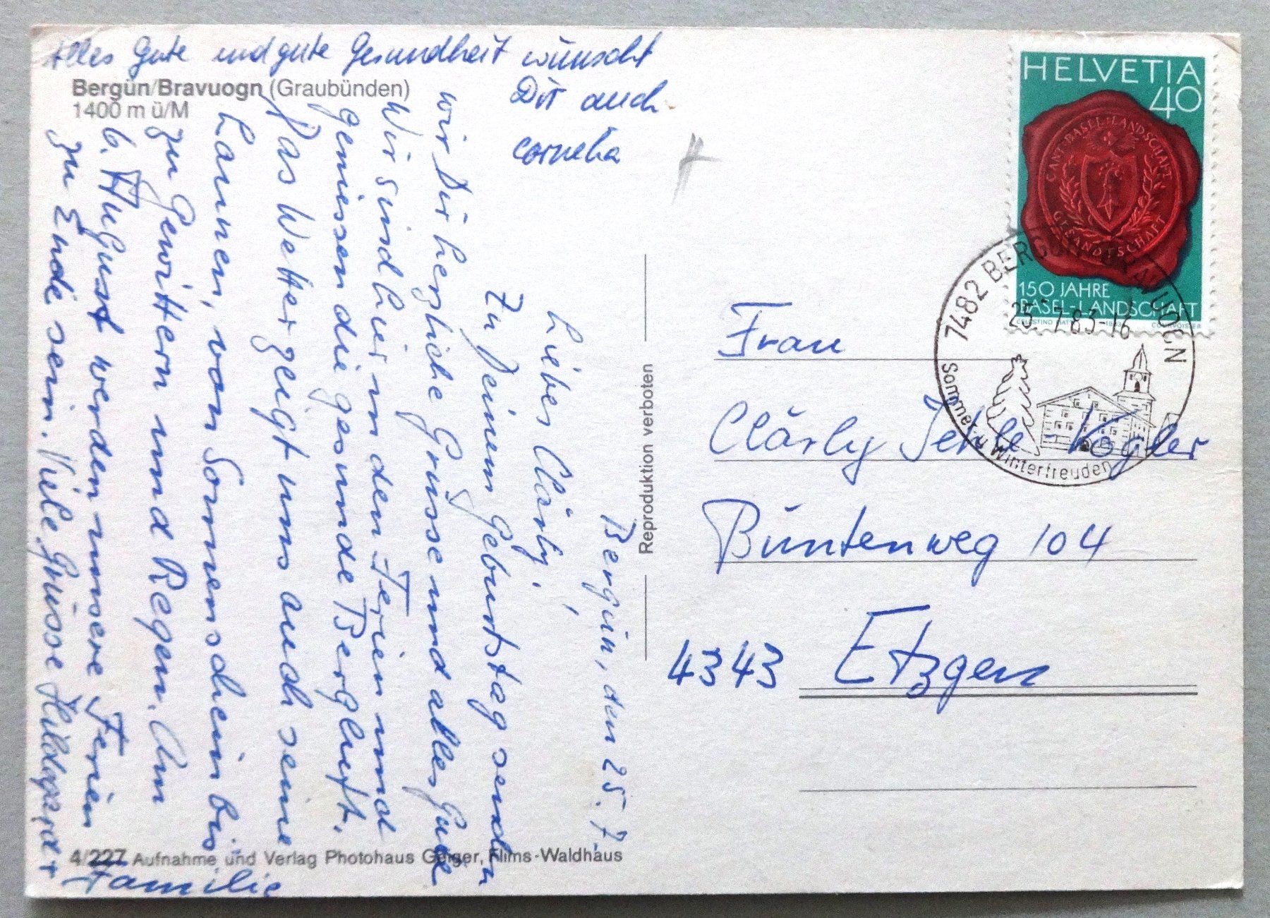 Cartoline postali: Bergün/Bravuogn 1400 m ü/M – Usato da Fétigny venduto da Billy2miny 1