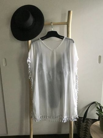 😎🏖️😎 Tunique d'été voile de polyester blanc M-XL, Neuf