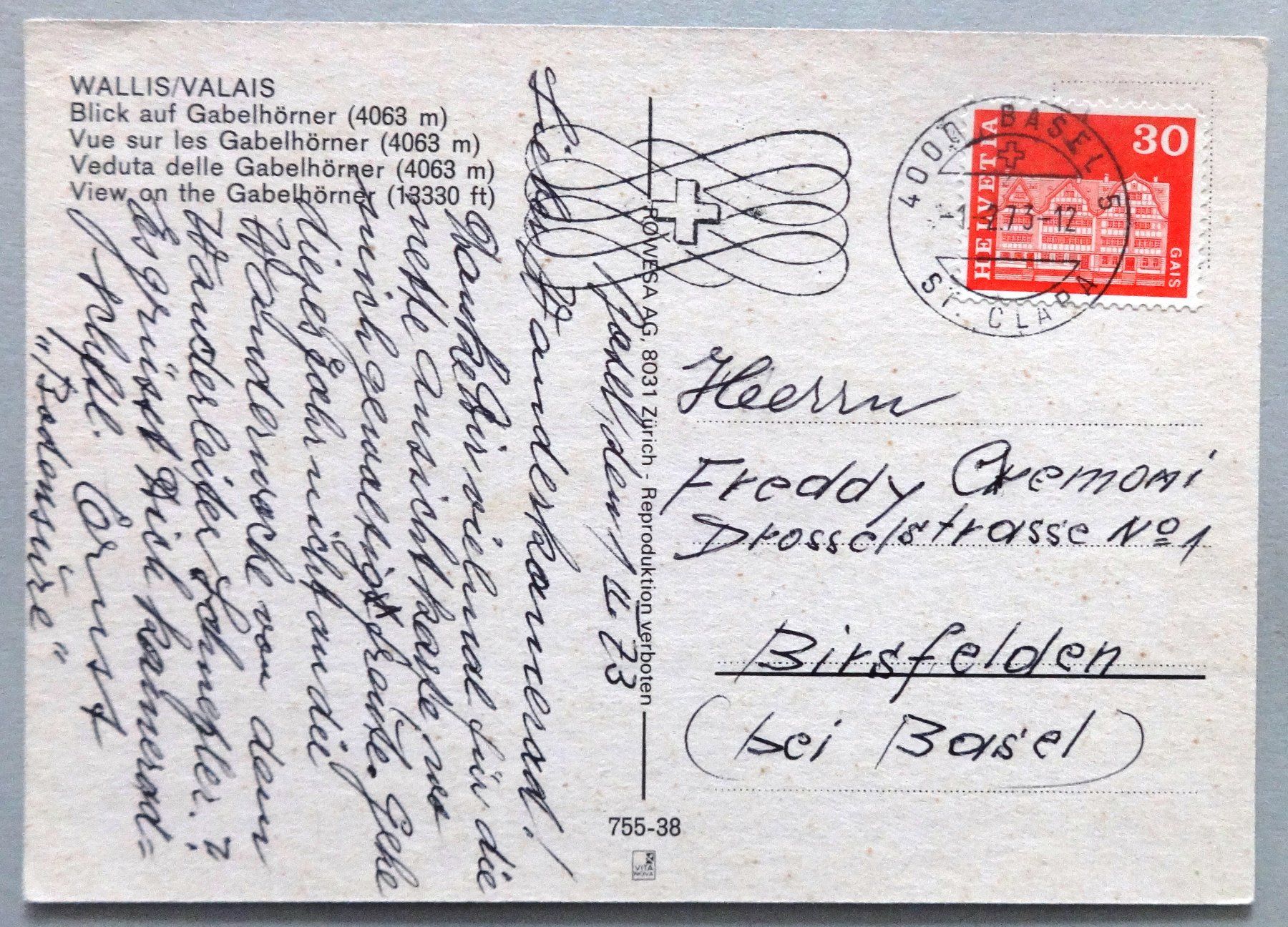 Cartoline postali: Blick auf Gabelhörner (4063 m), Wallis – Usato da Fétigny venduto da Billy2miny 1