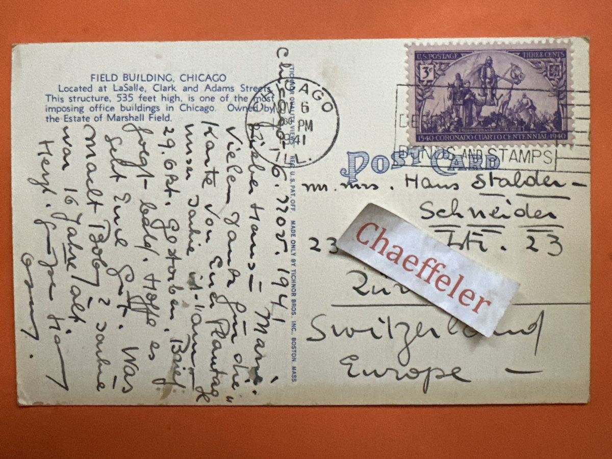 Cartoline postali: Ansichtskarte Field Building Chicago USA mit Stempel 1941 – Usato da Zürich venduto da Chaeffeler 1