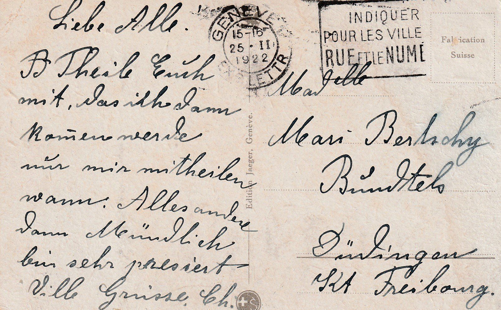 Cartoline postali: AK Genève gel. 25.2.1922 – Usato da Fribourg venduto da schnalla92 1
