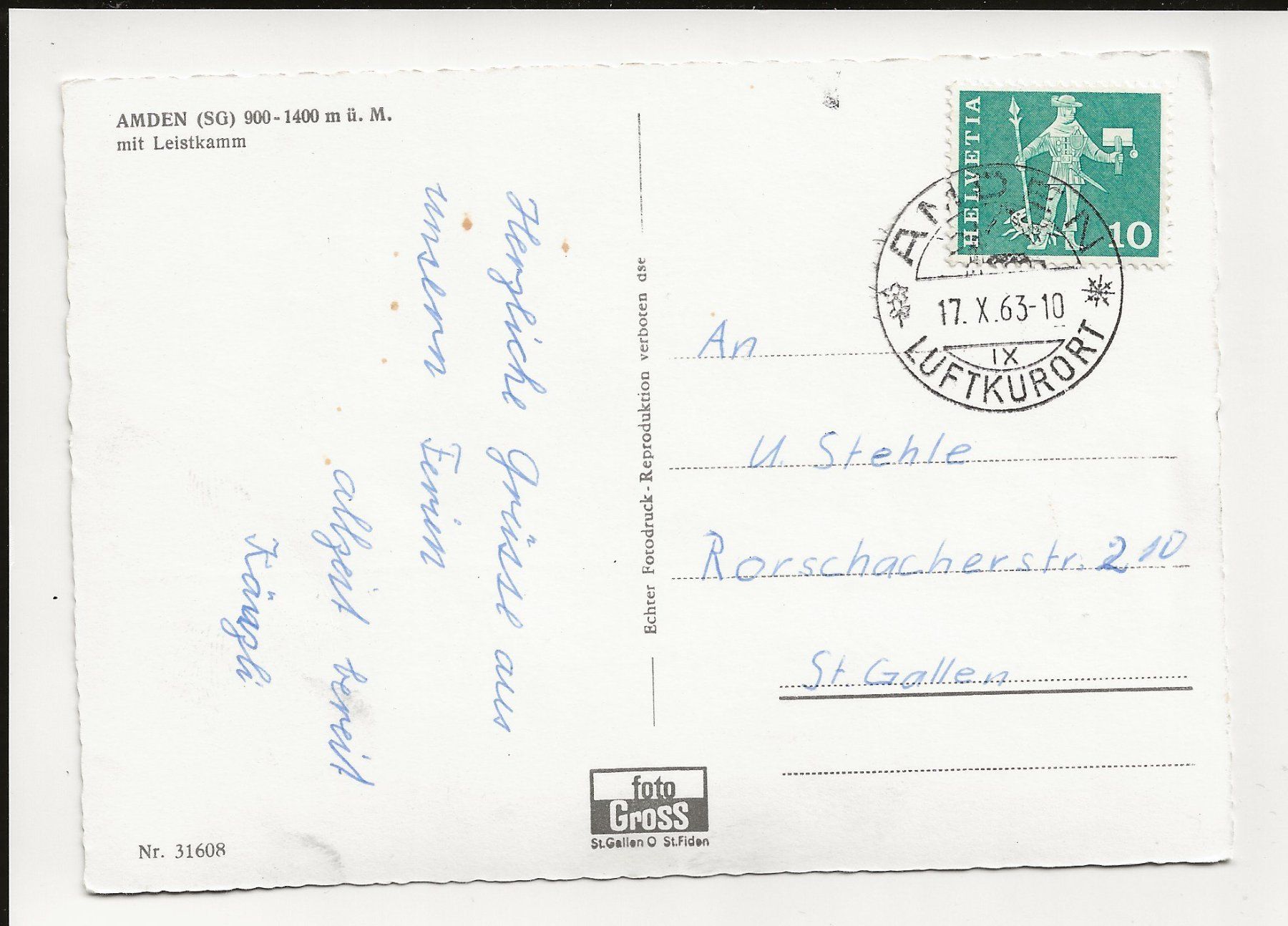 Cartoline postali: AK 1963 Amden SG mit Leistkamm – Usato da Greifensee venduto da 315WDO 1