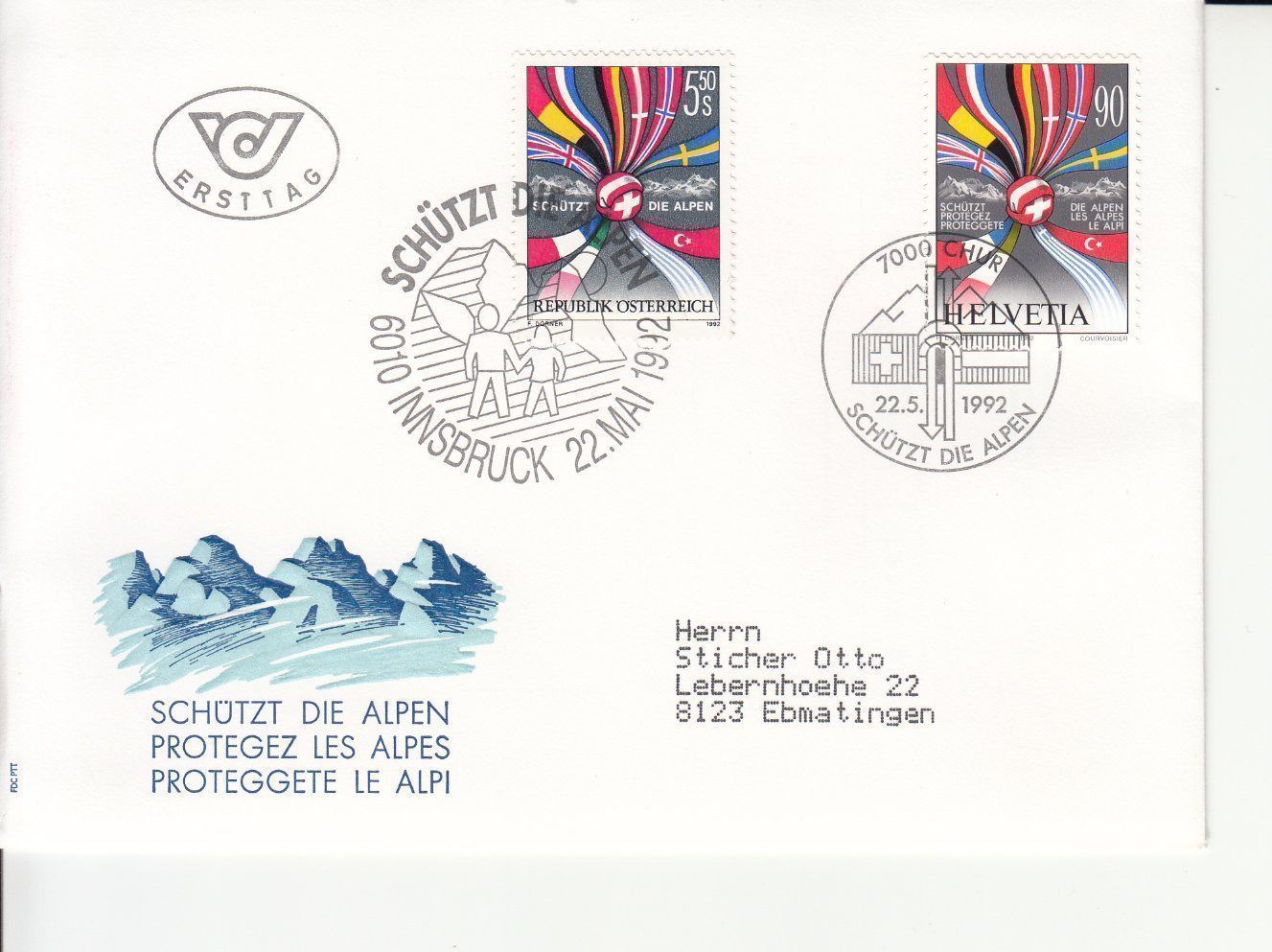 Alle Briefmarken: SBK 831 + Ausgabe Ösrerreich Combo-FDC – Gebraucht aus Bürglen TG von StampGraf