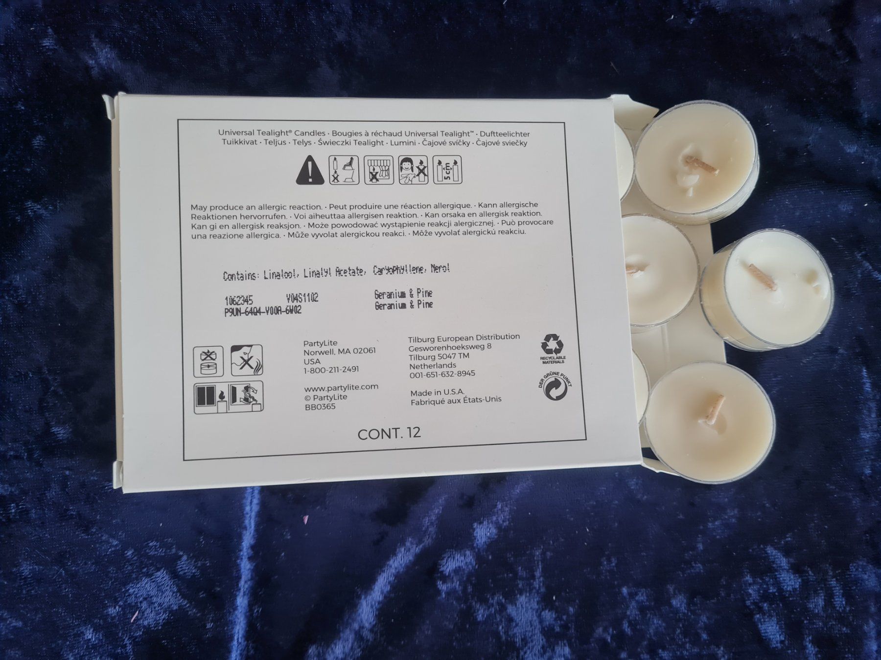 Partylite Kerzen: PartyLite - 12 Teelichter Geranium + Pine, Soja, BePeaceful – Neu und originalverpackt aus Othmarsingen von Kleibai