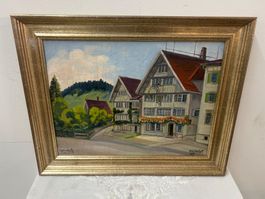Ölgemälde auf Holz Gasthof Löwen Waldstatt A. Kovasits 1928