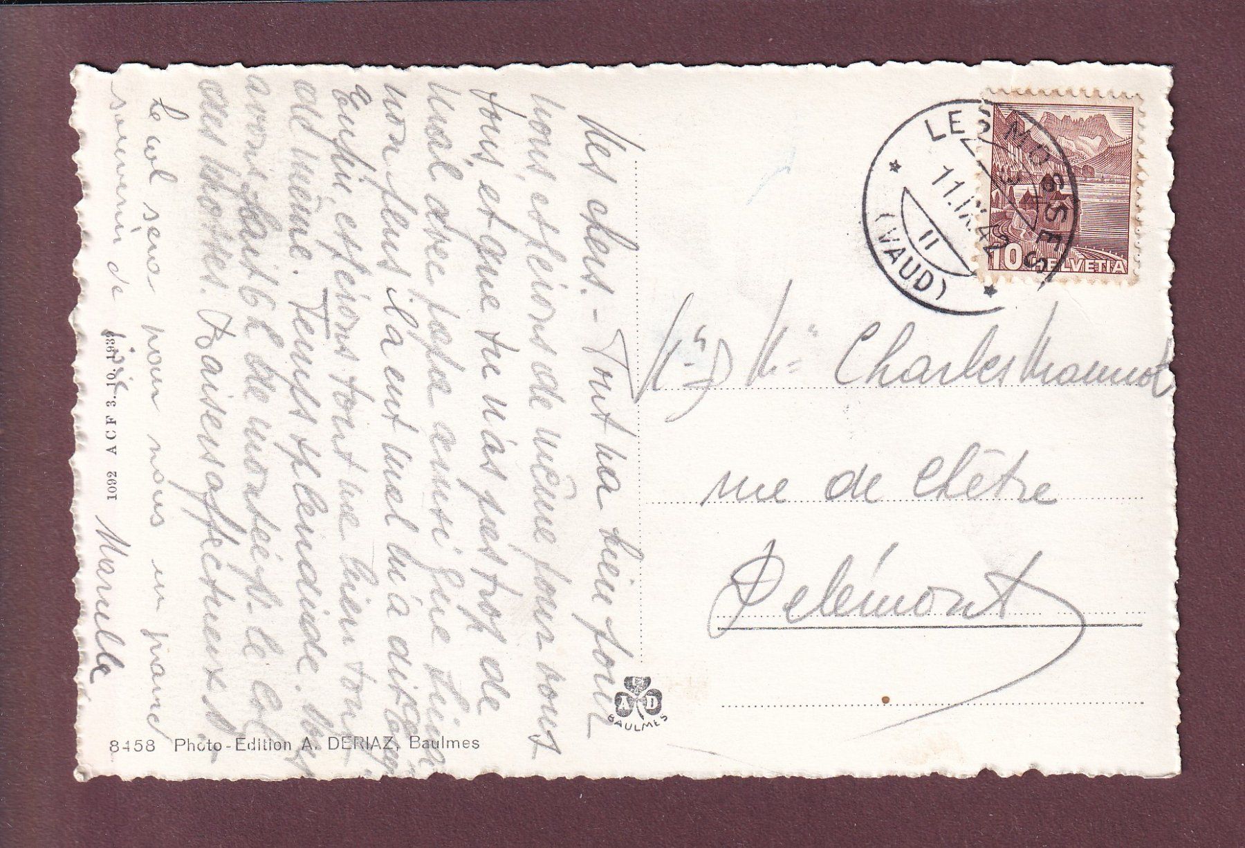 Cartoline postali: COL DES MOSSES - 1942 – Usato da Pully venduto da nicecards 1