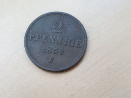🇩🇪 2 Pfennige 1859 F  **VF** (rarer state)