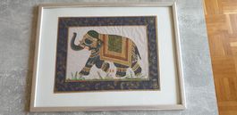 indisches Seidenbild, Elefant, inkl. Rahmen silbrig