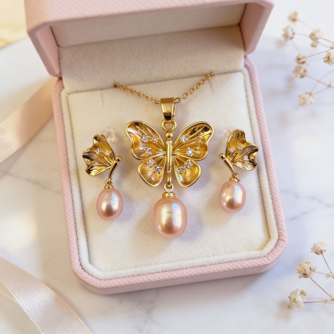 Sonstiger Schmuck: Parure élégante papillon et perles roses – Neu und originalverpackt aus St-Maurice von Sandrinette123 1