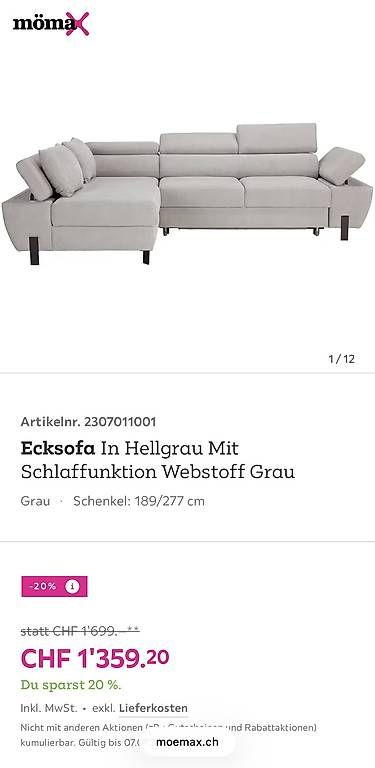 Divani: Ecksofa In Hellgrau Mit Schlaffunktion Webstoff Grau – Usato da Zug venduto da dob_bvq8 2
