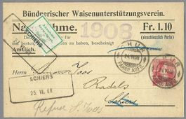 1908, PR. NN-GS, AUSHILFSSTEMPEL SCHIERS 25.VI.08 + 0 CHUR