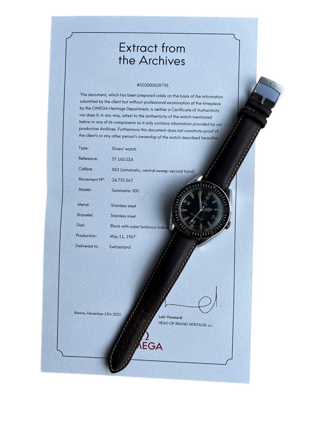 Omega Orologi: Omega Seamaster 300 Ref. 165.024 Box and Archives Extract – Usato da Morges venduto da 24time 2