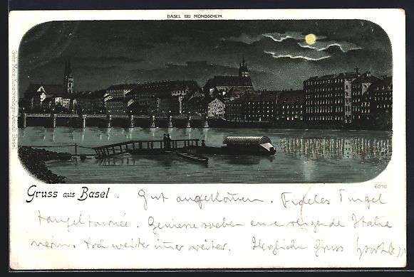 Cartoline postali: Litho Basel, Ortspartie am Flussufer – Usato da Berlin venduto da bartko-reher