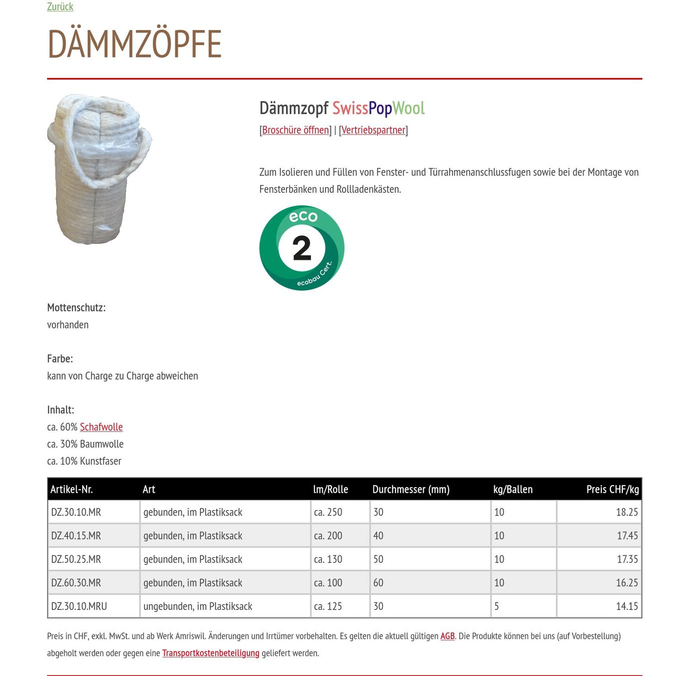 Materiale di riempimento: Swiss PopWool Dämmzopf DZ.40.15.MR – Nuovo e nell'imballaggio originale da Neunkirch venduto da StadtOaseGmbH 1