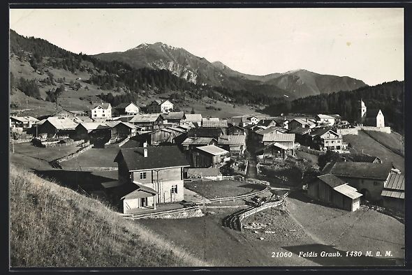 Cartoline postali: AK Feldis /Graub, Teilansicht mit Bergen – Usato da Berlin venduto da bartko-reher