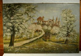 Ansicht Burg im Frühling monogrammiert Oel auf Leinen