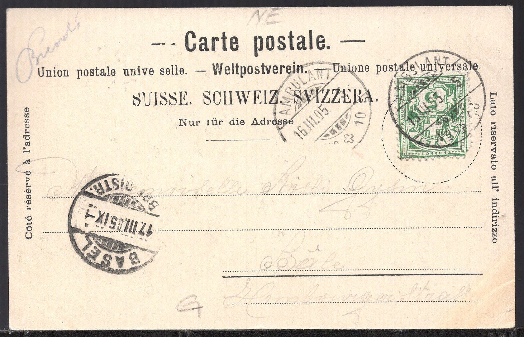 Cartoline postali: Les Brenets 1905    AMBULANT 15.III.05  -  5 – Usato da Aarau venduto da kufi44 3