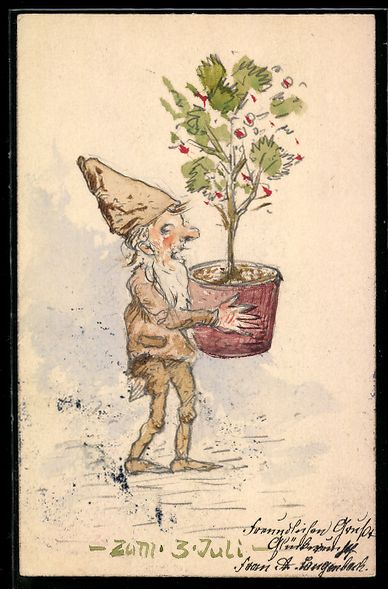 Cartoline postali: Handgemalt: Zwerg bringt eine Pflanze al – Usato da Berlin venduto da bartko-reher