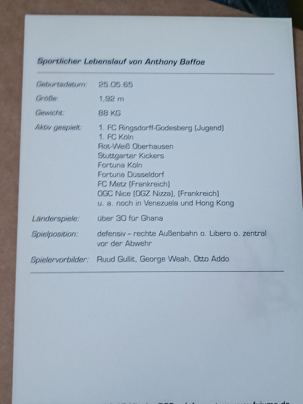 Autographes: Anthony Baffoe - handsignierte Autogrammkarte – D'occasion à Menziken par Artographs 1